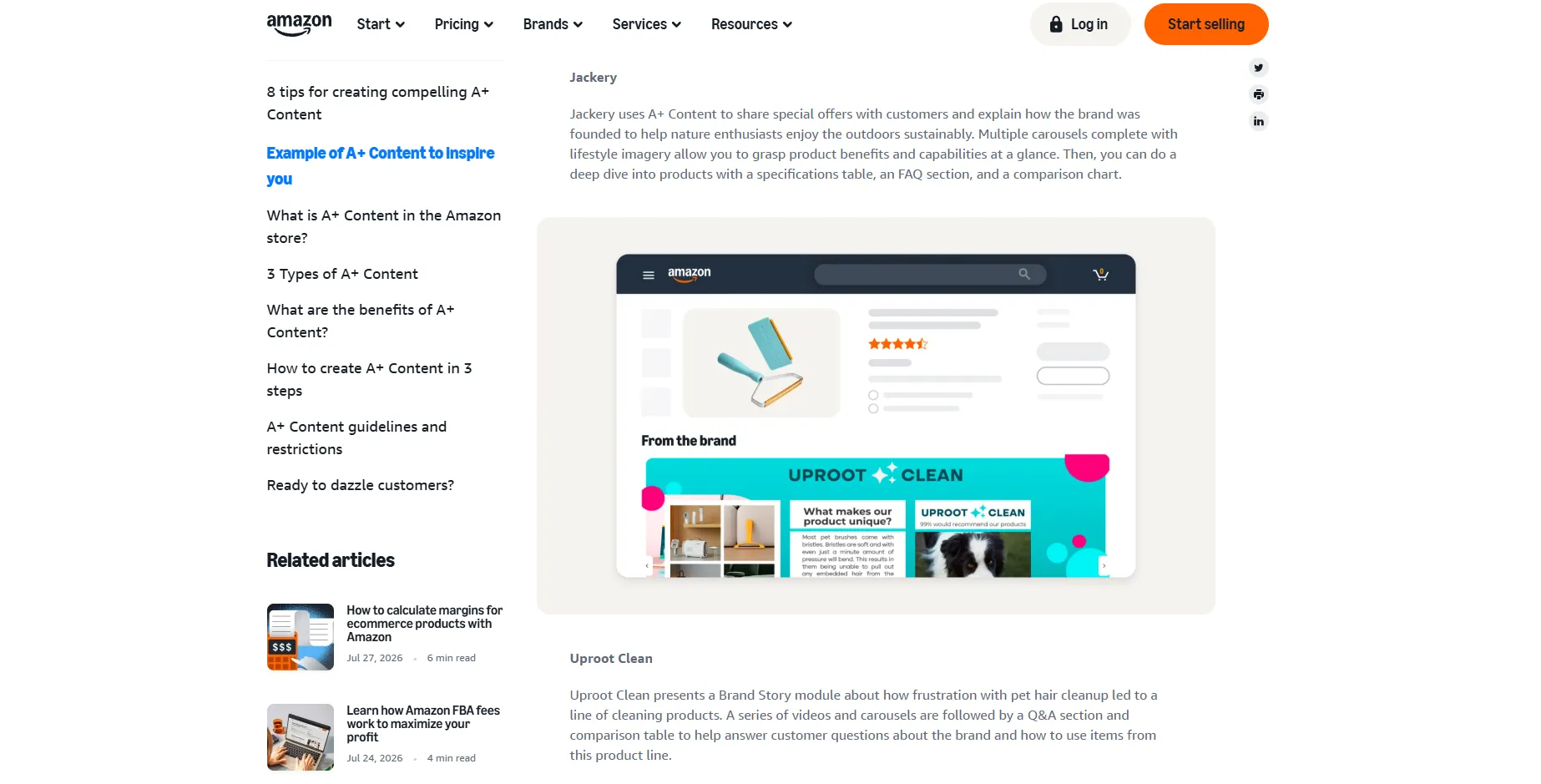 Amazon's A+ Content guide page describing the Jackery and Uproot Clean Premium A+ examples