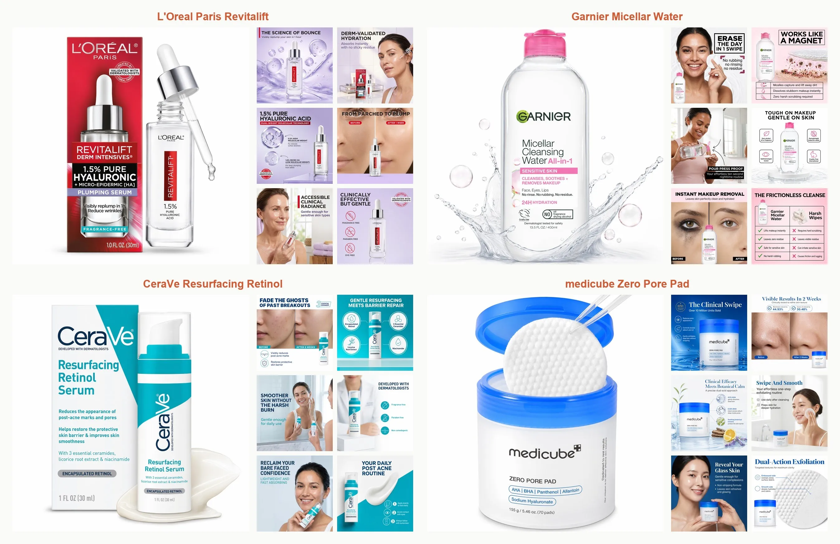 Full Pixii listing image sets for four beauty brands, designed from a single product photo