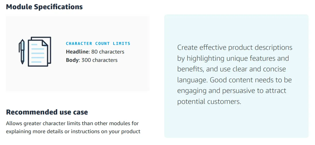 Amazon's Premium A+ module guide showing the Full Image character limits of 80 for the headline and 300 for the body
