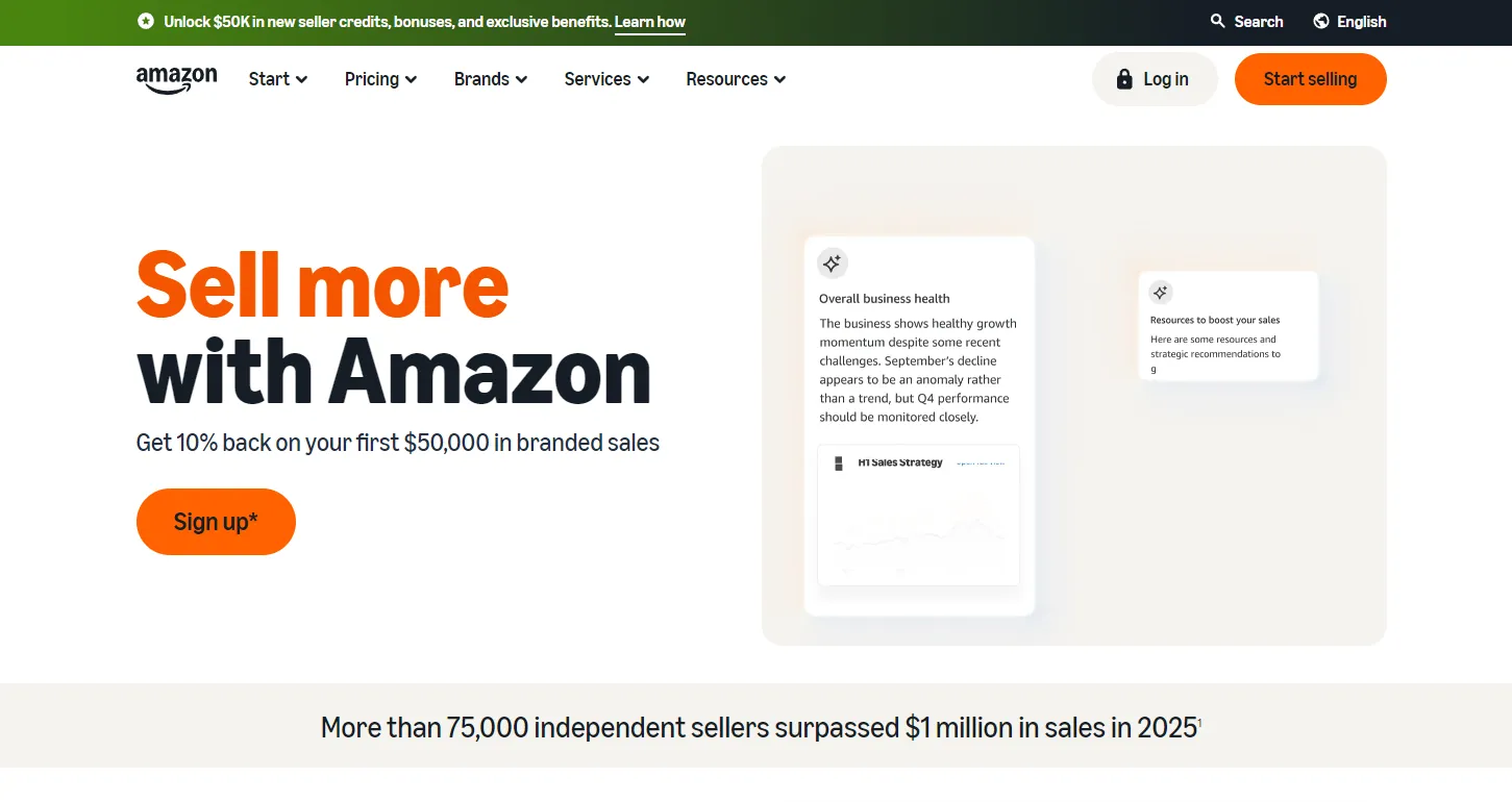 Amazon's Sell more with Amazon page for new sellers on sell.amazon.com
