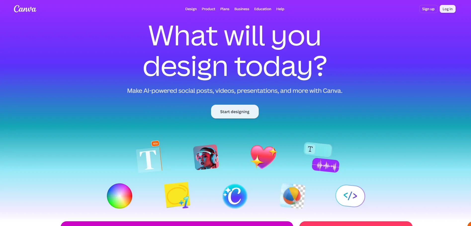 Canva homepage asking What will you design today