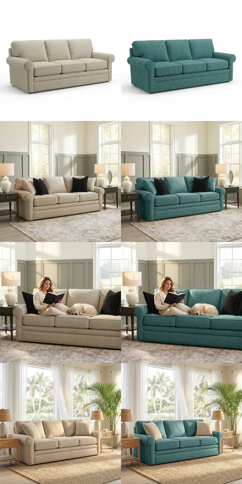 Clone feature — same sofa in ivory and teal with matching room scenes