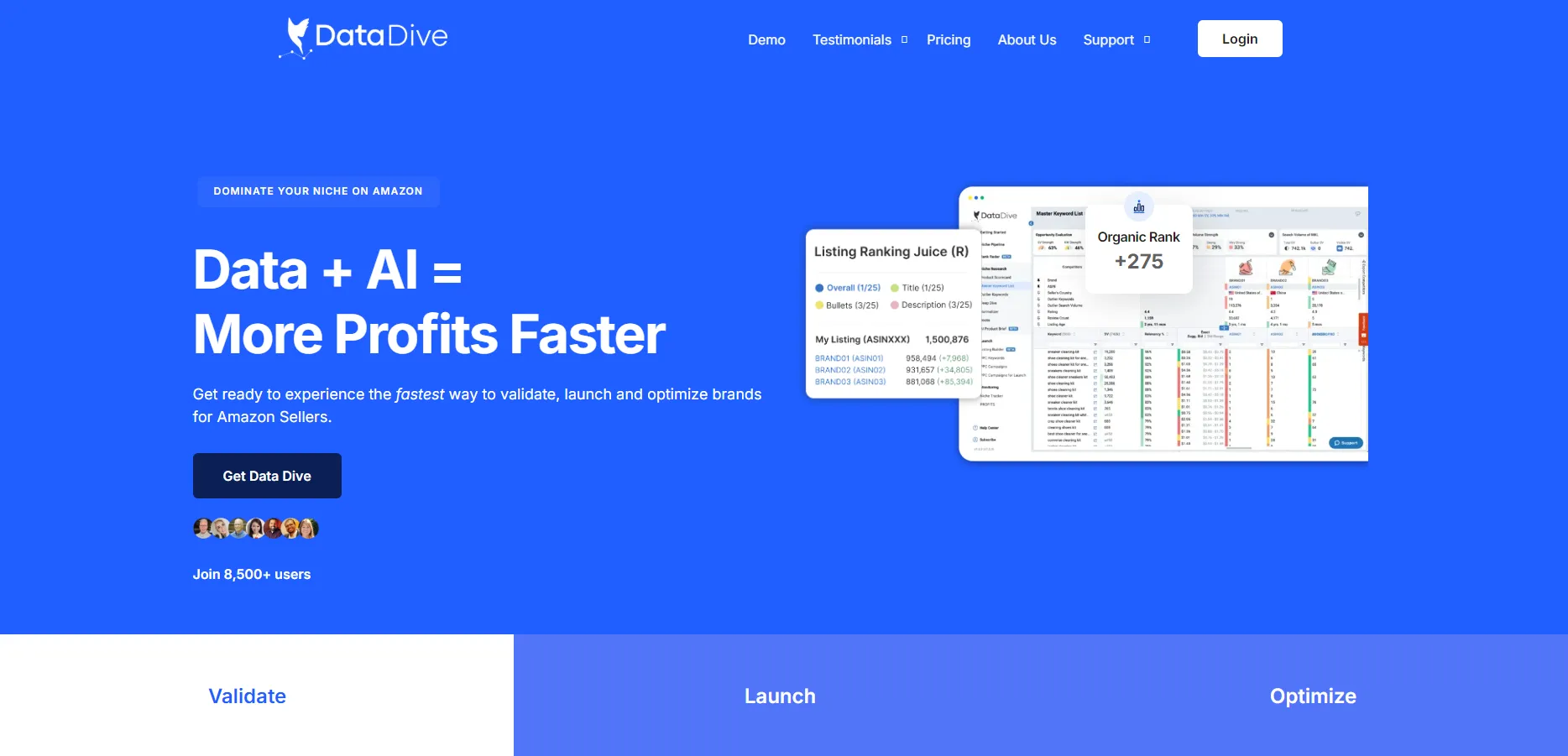 Data Dive homepage with the headline Data plus AI equals more profits faster