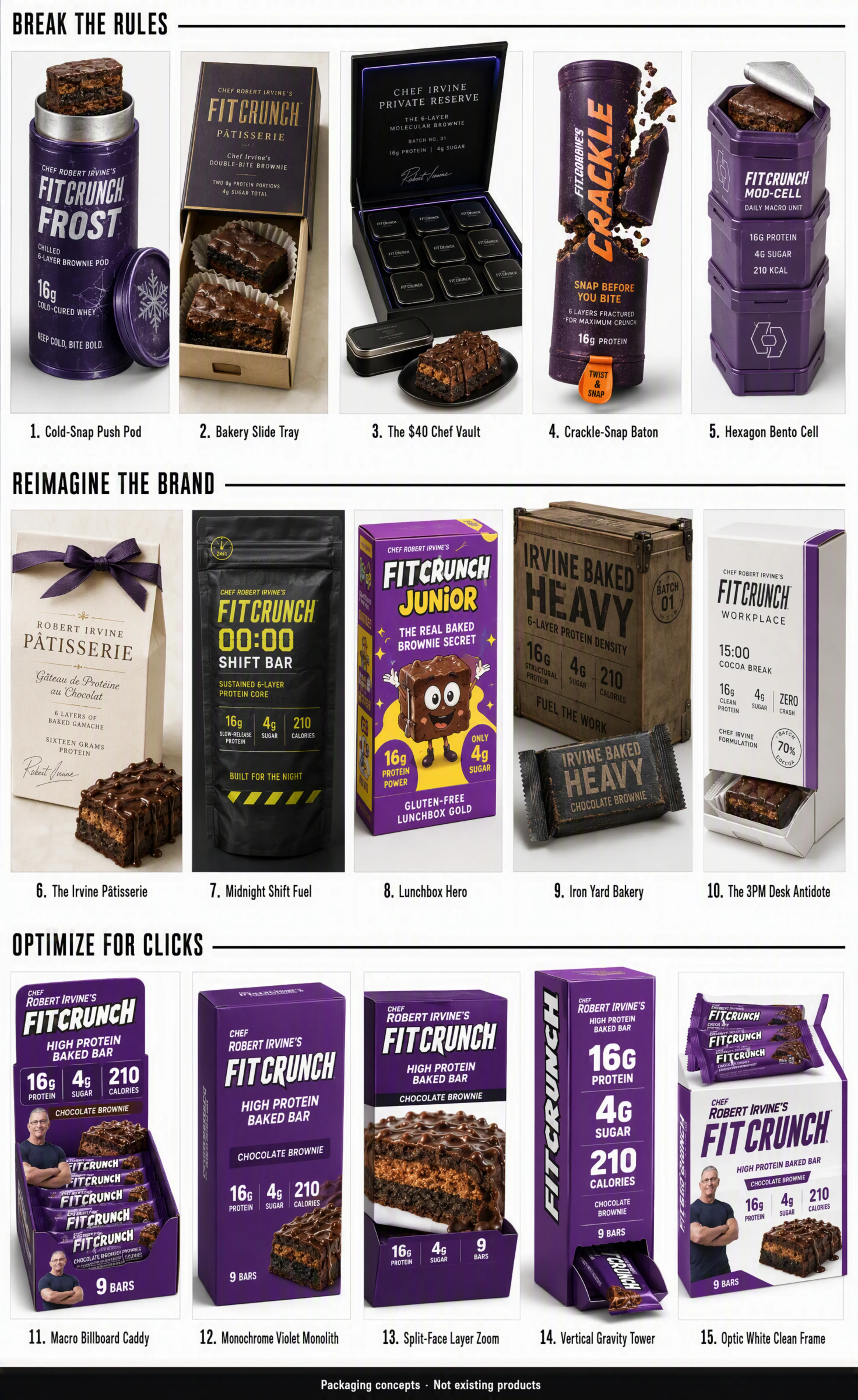 15 packaging ideas for FITCRUNCH chocolate brownie protein bars, including new formats, brand redesigns and purple retail boxes.