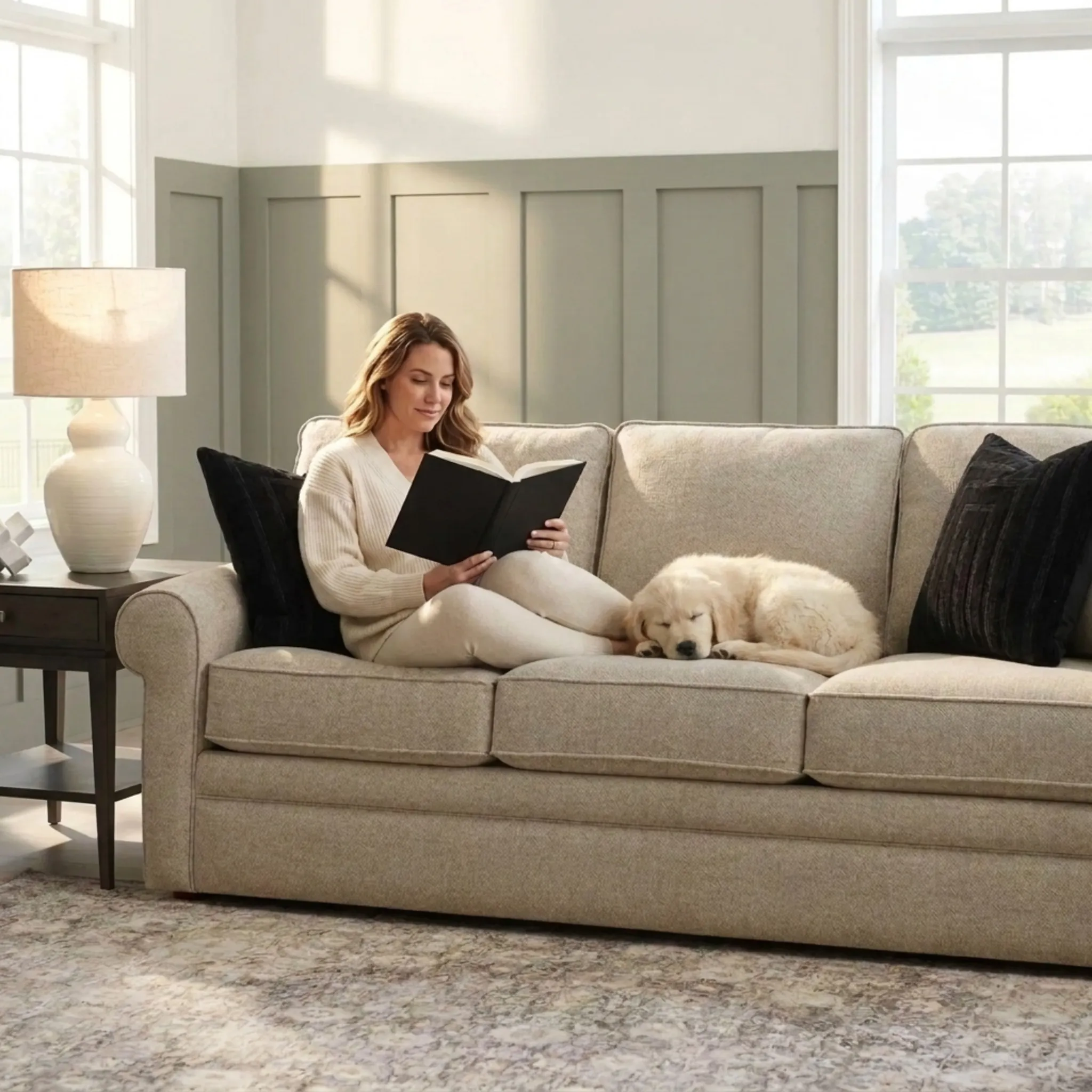 Furniture PDP example — sofa styled in a living room with a person for scale