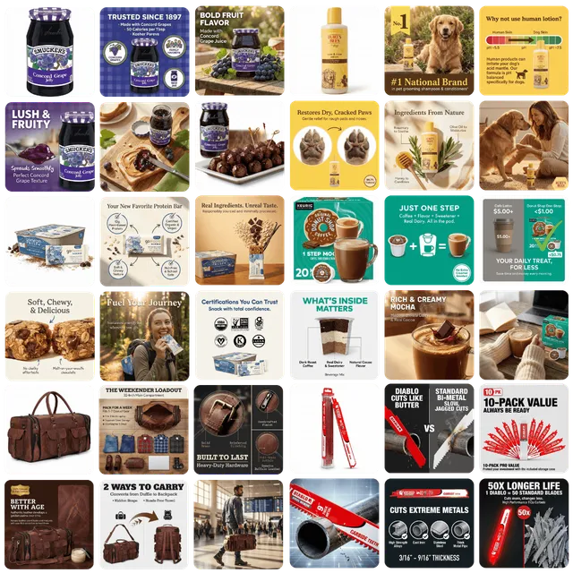 Dozens of product listing visuals designed by Pixii AI