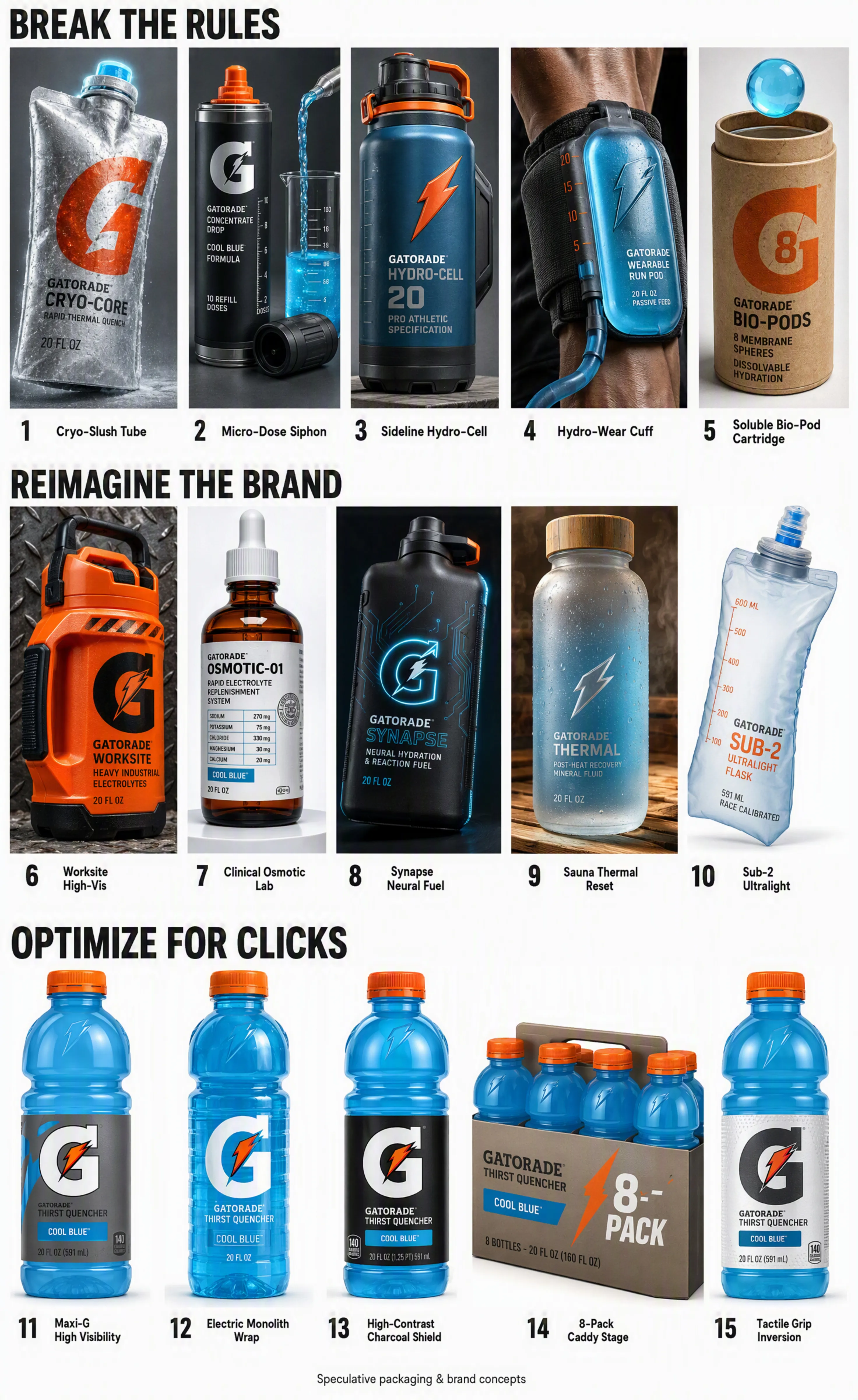 15 packaging ideas for Gatorade Cool Blue, including hydration pouches, reimagined bottles and updated sports drink labels.