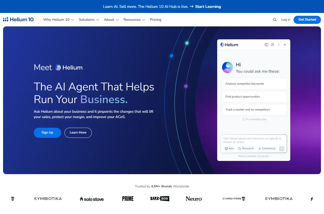 Helium 10 homepage introducing Helium, the AI agent for Amazon sellers