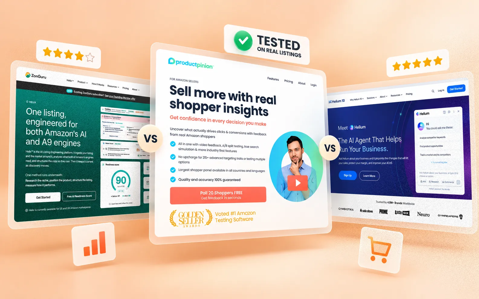 Three Amazon listing tool homepages compared side by side, ZonGuru Helix, ProductPinion and Helium 10