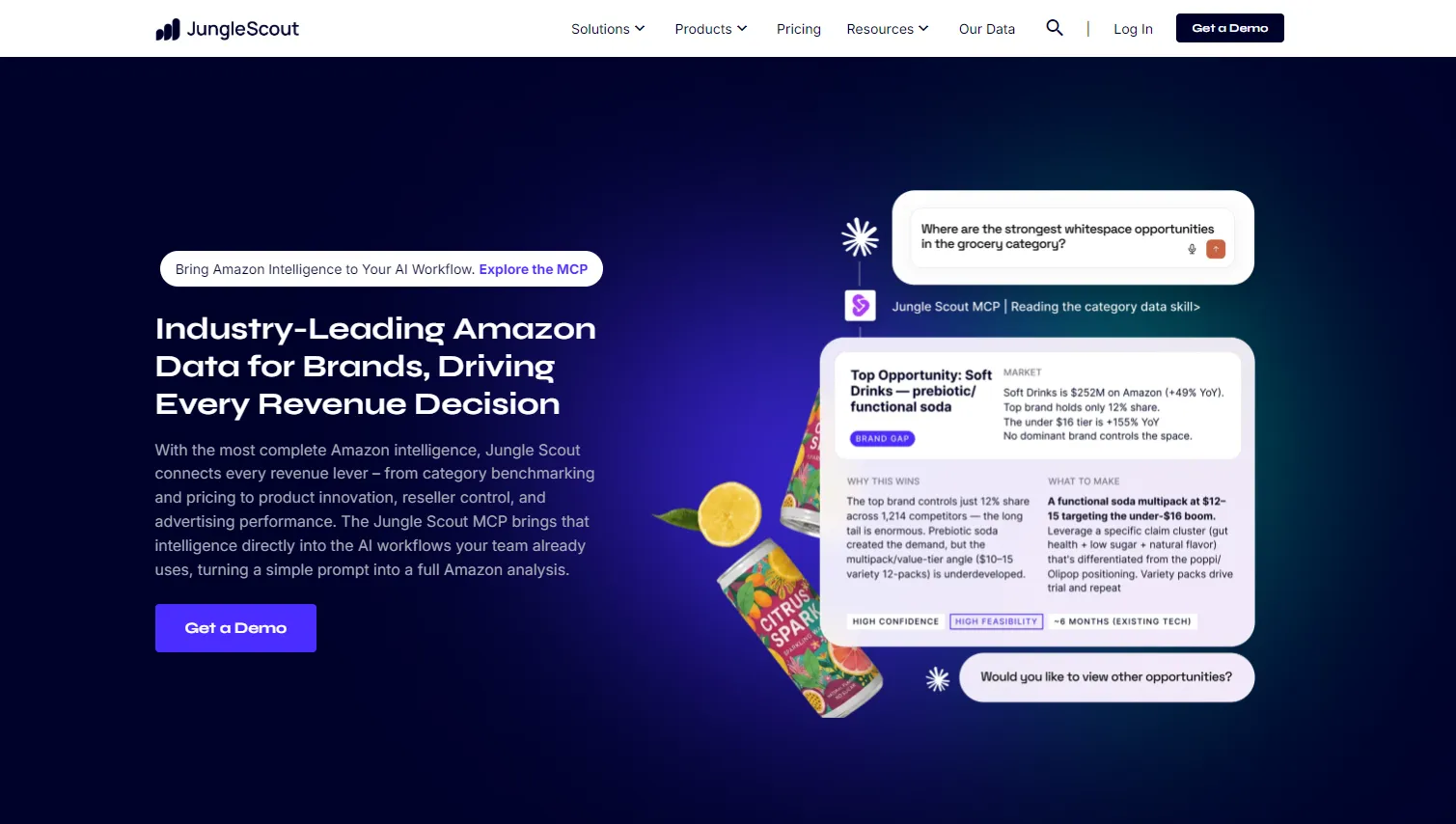Jungle Scout homepage promoting Amazon data for brands and the Jungle Scout MCP