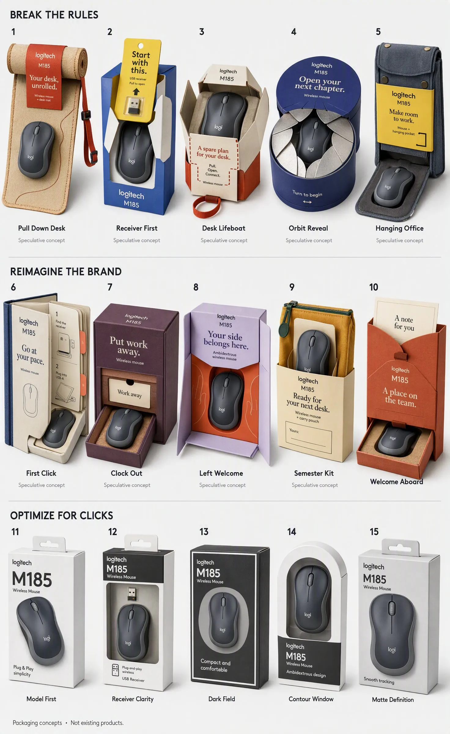 15 packaging ideas for the Logitech M185 wireless mouse, including new opening experiences, brand directions and retail boxes.