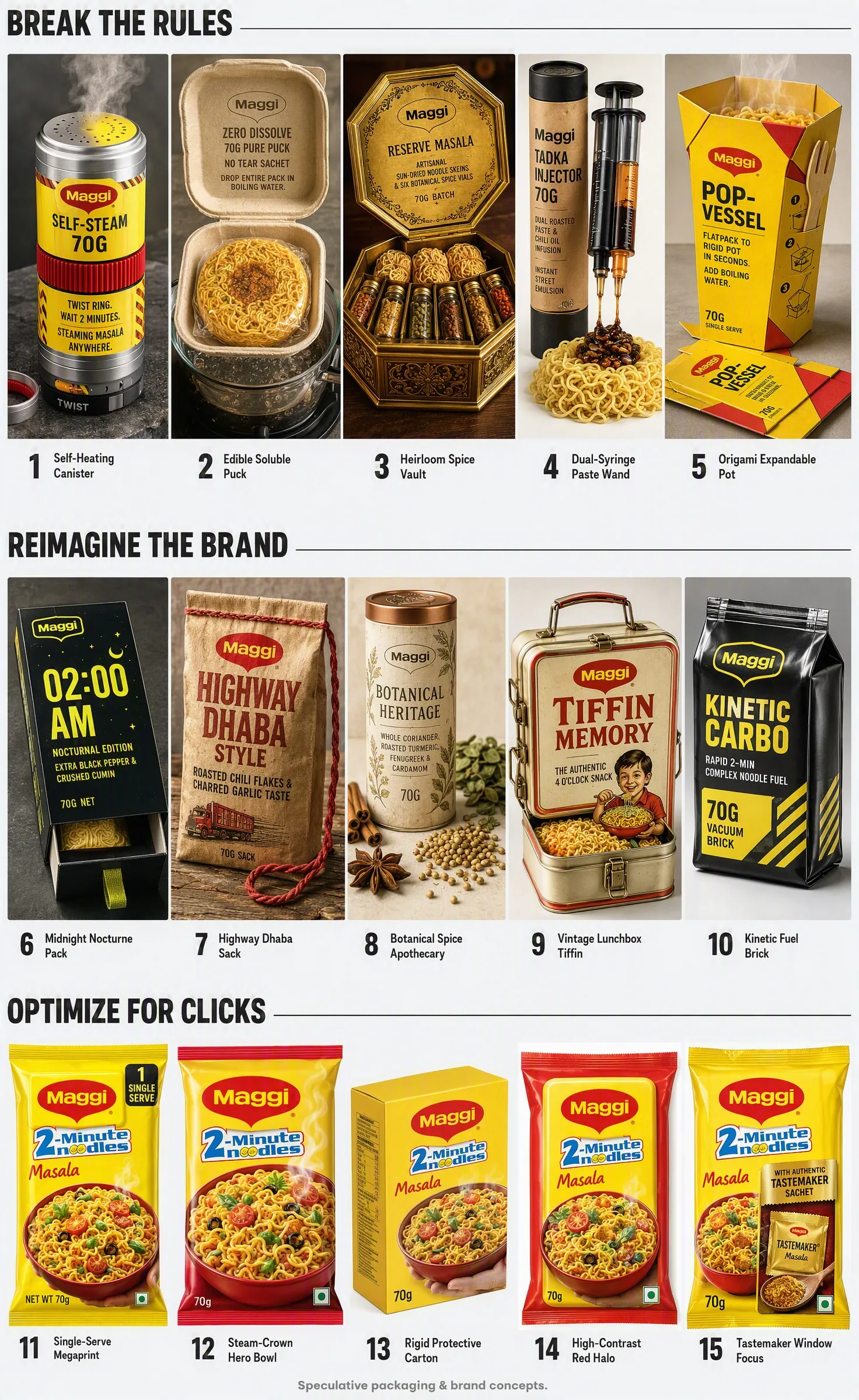 15 packaging ideas for Maggi instant noodles, including self-steaming cups, new serving formats and redesigned noodle packets.