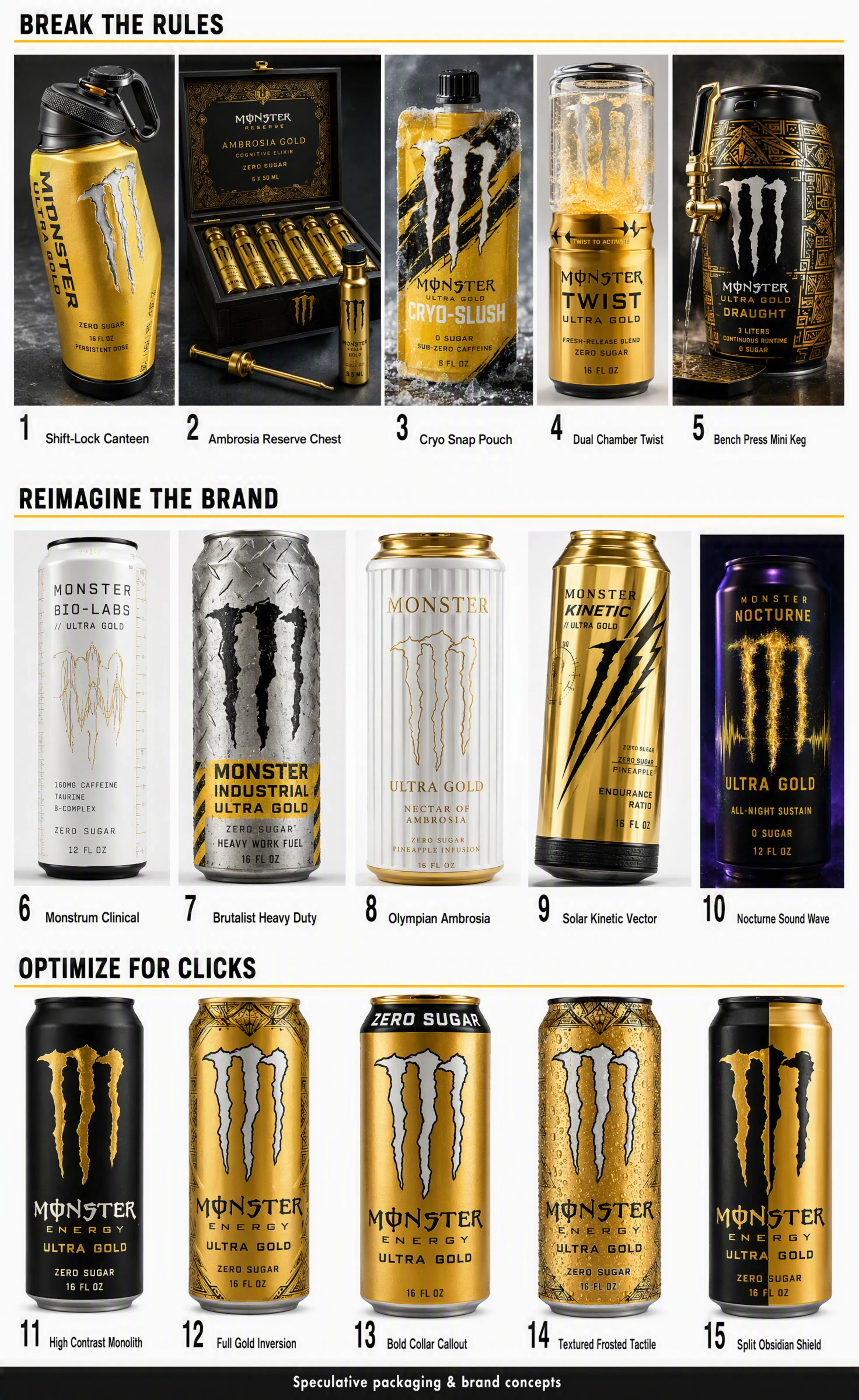 15 packaging ideas for Monster Energy Ultra Gold, including new drink formats, reimagined branding and black-and-gold can designs.