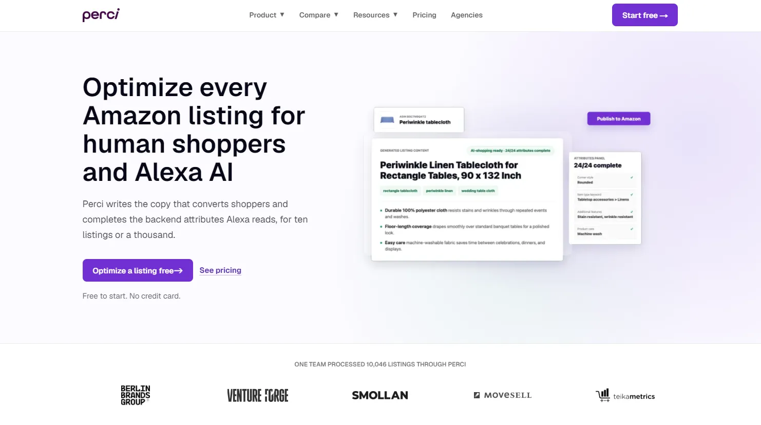 Perci homepage about optimizing every Amazon listing for human shoppers and Alexa AI