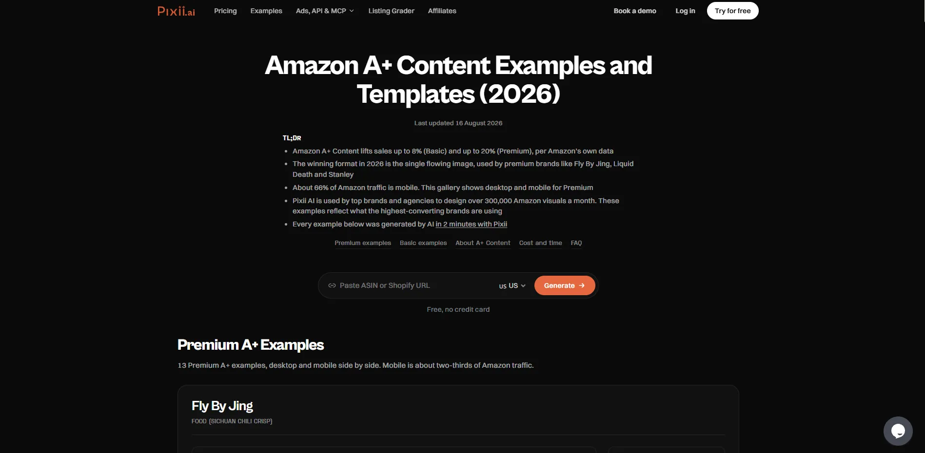 Pixii's Amazon A+ Content examples gallery with Premium sets shown for desktop and mobile