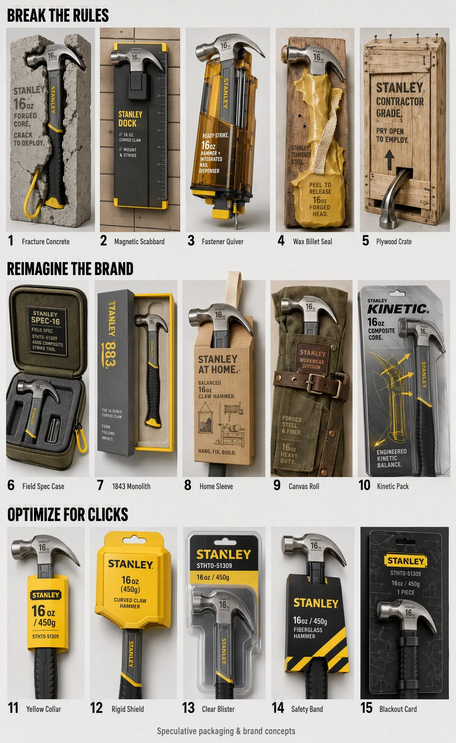 Stanley claw hammer packaging idea: a hammer encased in a break-open concrete block