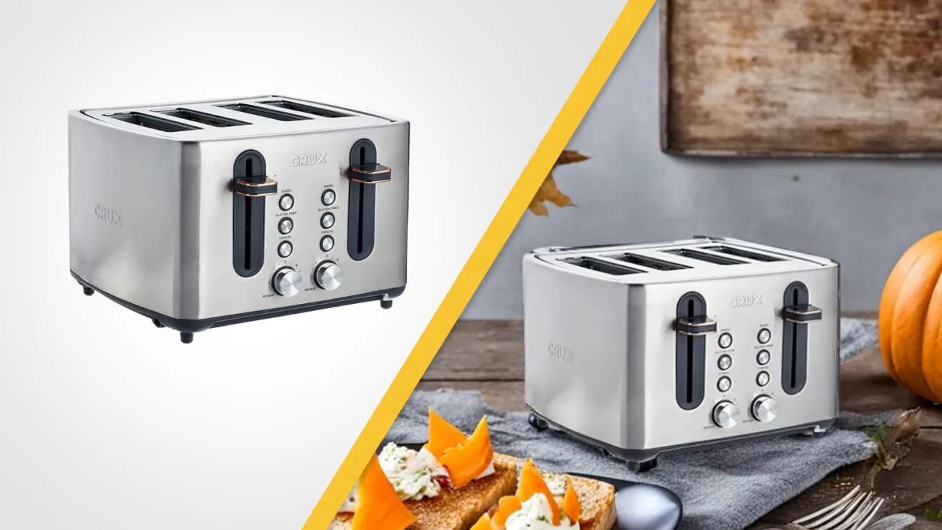 Crux toaster on a white background next to the same toaster in an autumn kitchen scene