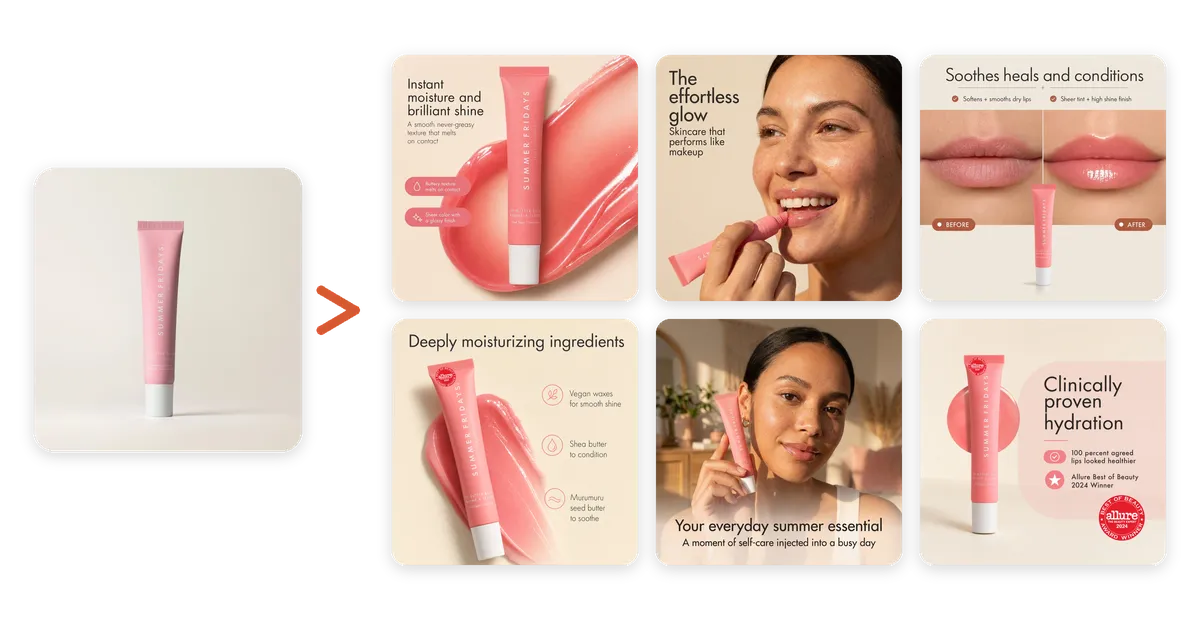 A Summer Fridays Lip Butter Balm photo turned into a full set of listing visuals by Pixii