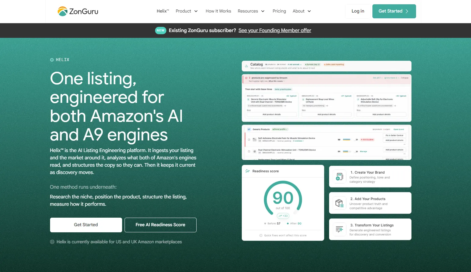 ZonGuru Helix homepage showing a listing engineered for Amazon's AI and A9 engines