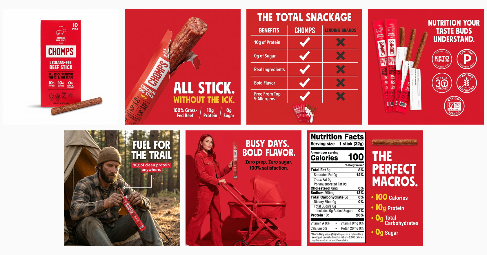 7 Chomps beef jerky listing visuals generated by the Pixii API — main image, infographics, lifestyle shots