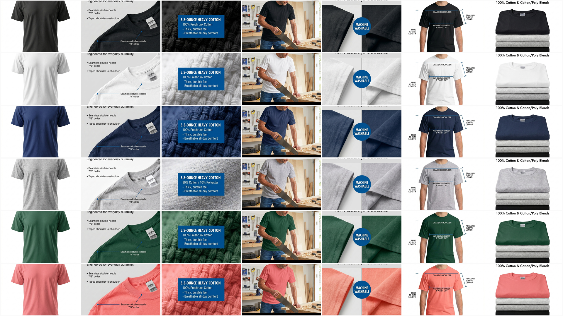 42 Gildan t-shirt listing variants designed by the Pixii API — 6 colors, 7 visuals each