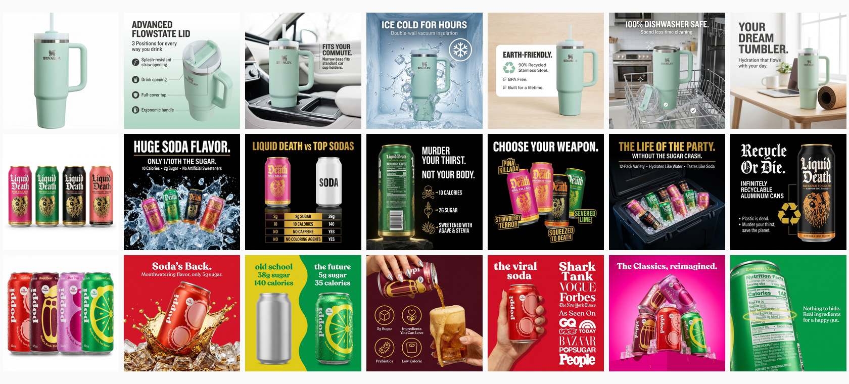 3 brands × 7 visuals each — Stanley, Liquid Death, Poppi — all designed by the Pixii API